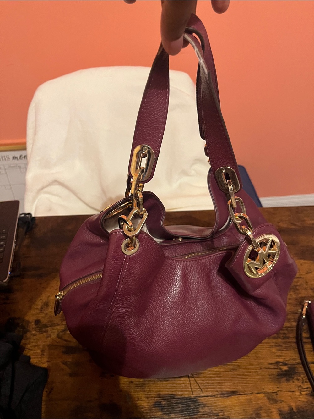 Michael Kors Wine Pebbled Leather Shoulder Bag with matching wallet